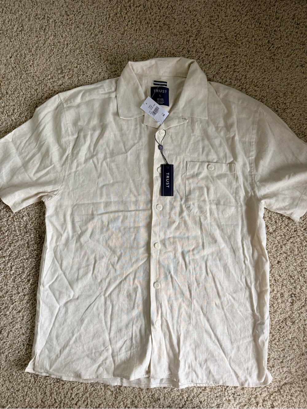 Trust Men’s Linen Rayon Camp Shirt Ecru Ivory Size L NWT Short Sleeve